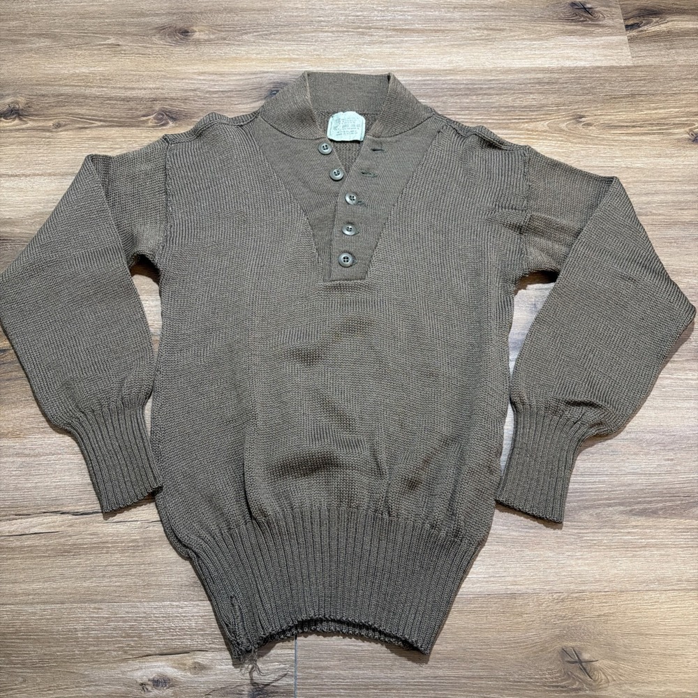 Vintage‎ Military Sweater Mens XL (46-48) 100% Wool Knit Henley Elastic Waist